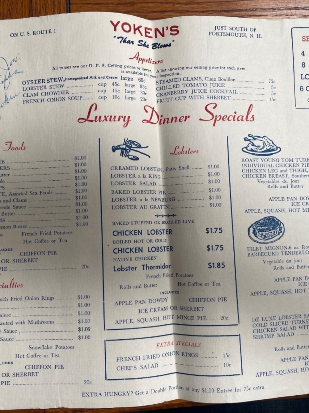 Vintage Yokens Restaurant Menu Signed By Owner H.E. Yoken New Hampshire Whale Gr